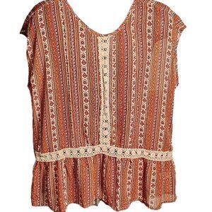 Boho Women's XL Peasant Blouse Crochet Cottage Core Sheer Sleeveless Colorful